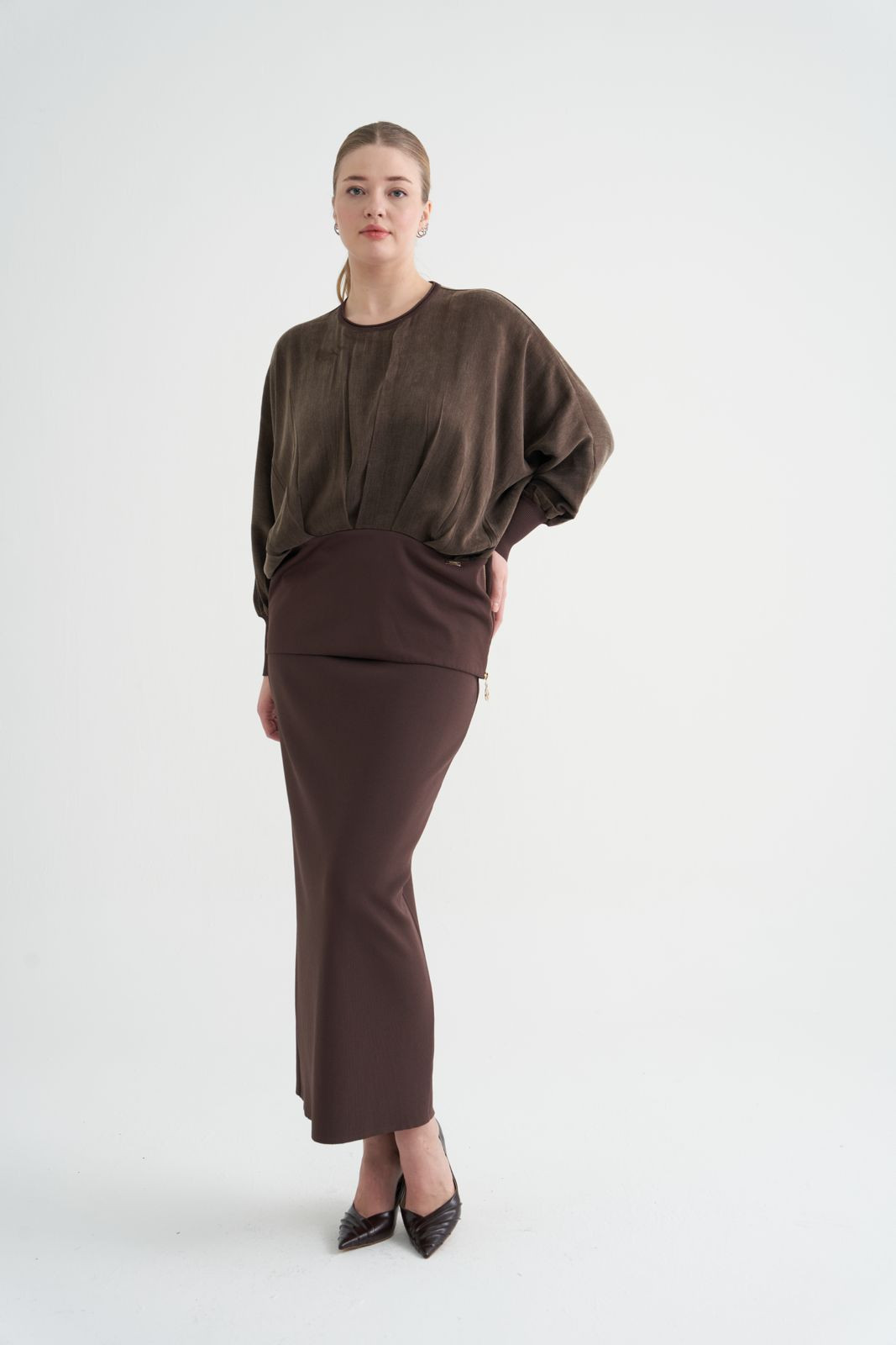 NİLİWİ FERMUARLI BLUZ KAHVE