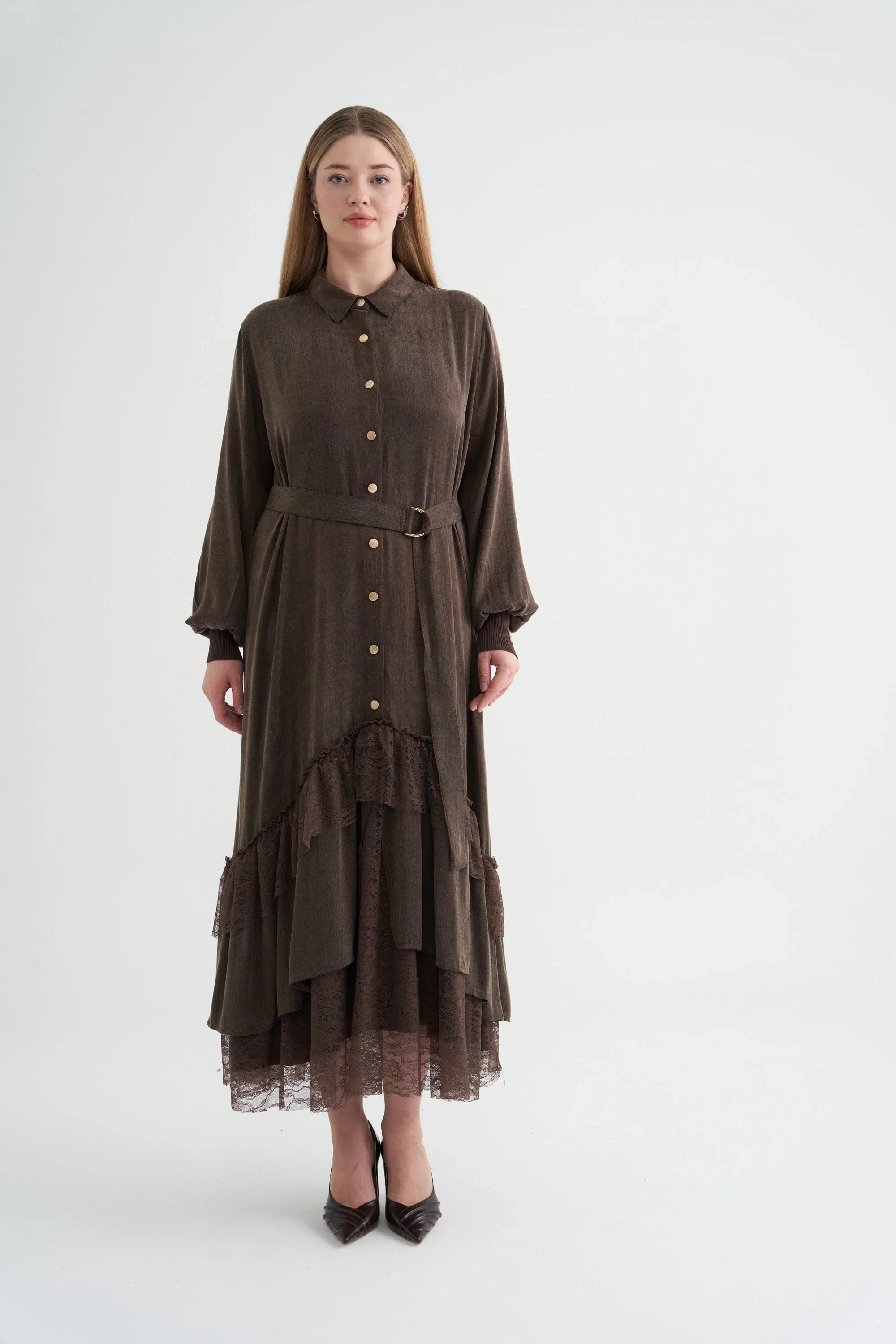 NİLİWİ KUPRA ELBİSE KAHVE