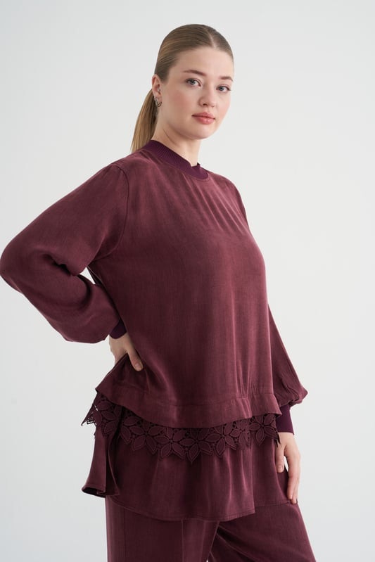 ETEK UCU ALLER DANTELLİ TUNİK BORDO