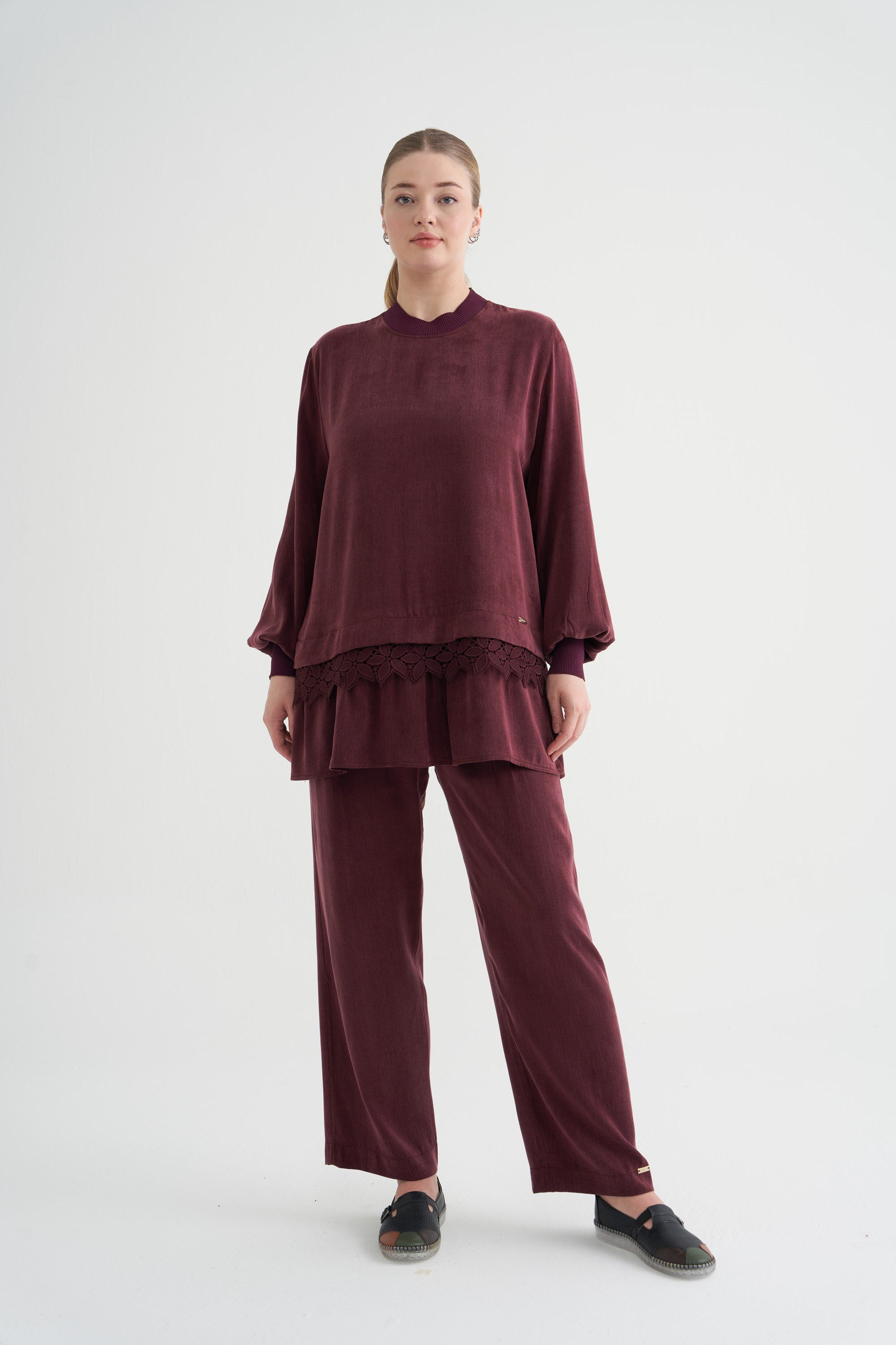 ETEK UCU ALLER DANTELLİ TUNİK BORDO