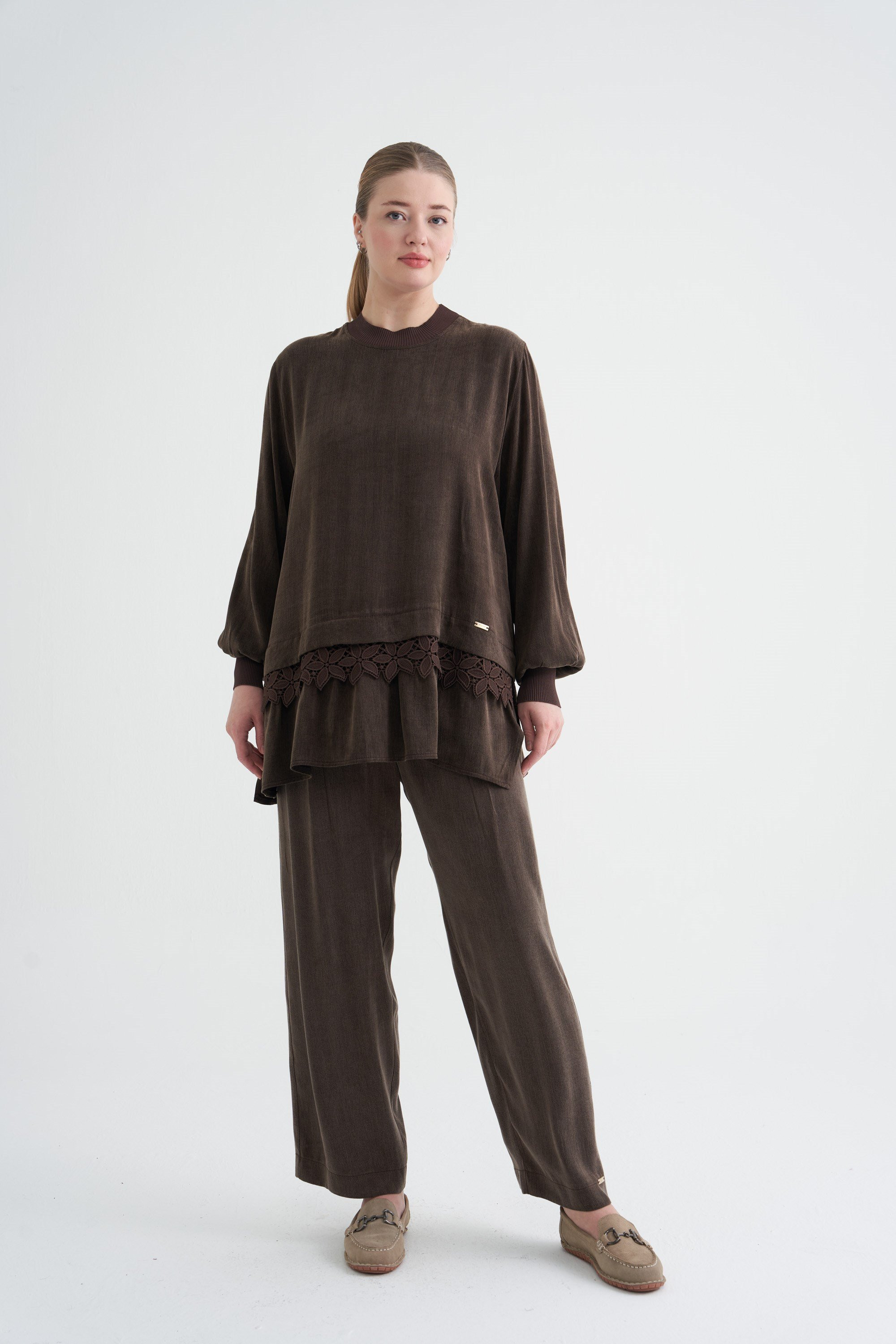 ETEK UCU ALLER DANTELLİ TUNİK KAHVE