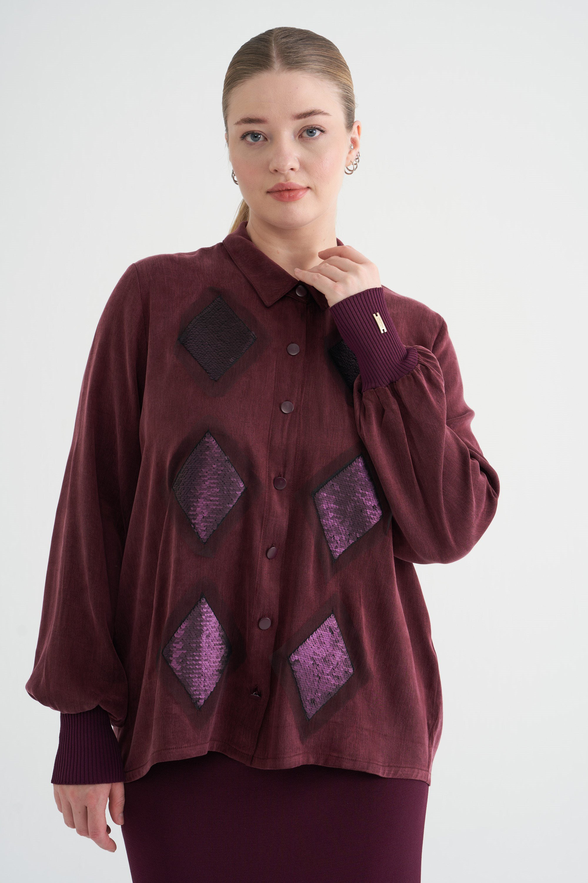 PUL NAKIŞLI GÖMLEK BORDO