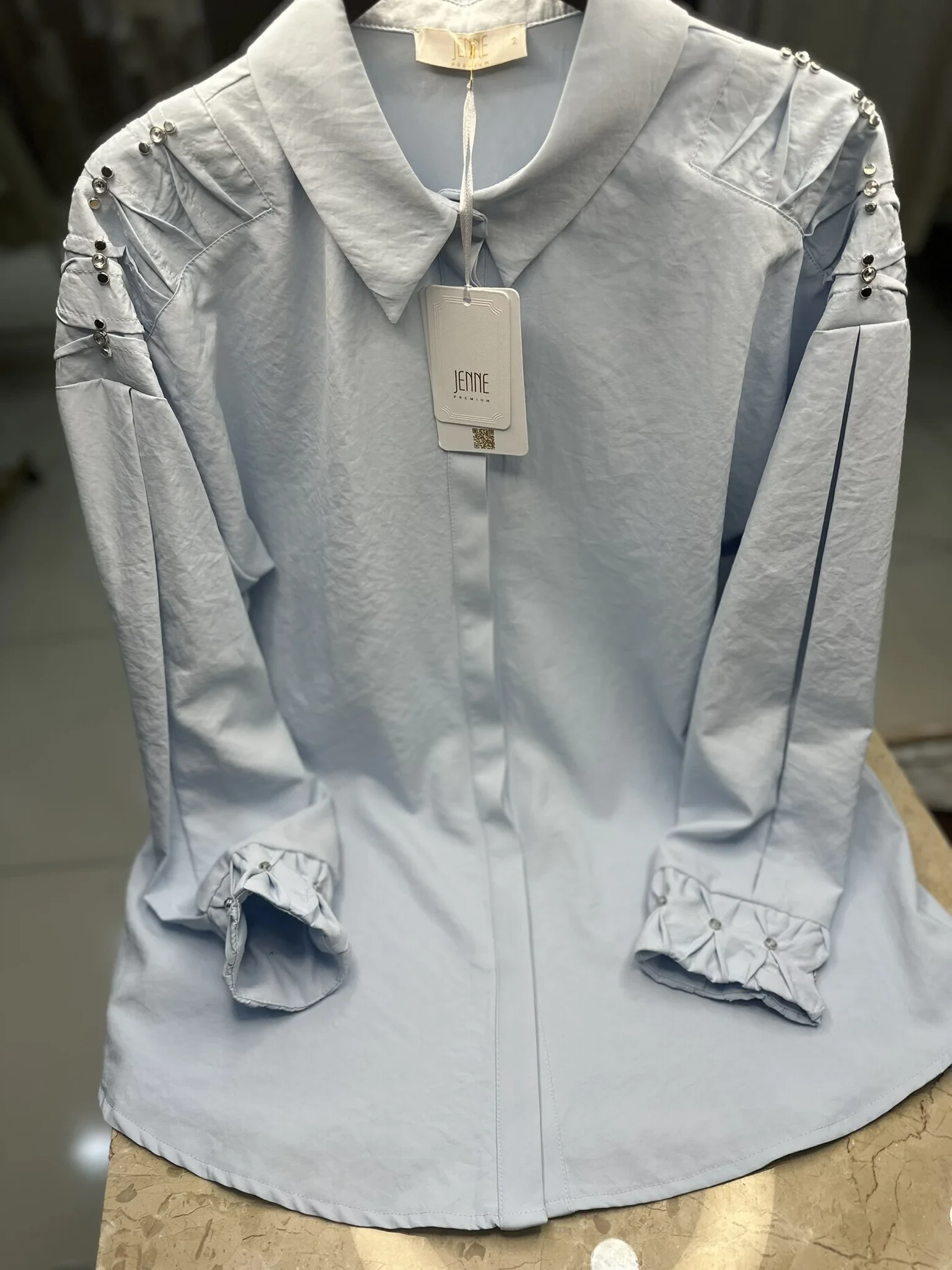 JENNE PREMIUM 1502 TAŞLI NERVÜRLÜ GÖMLEK TUNİK MAVİ