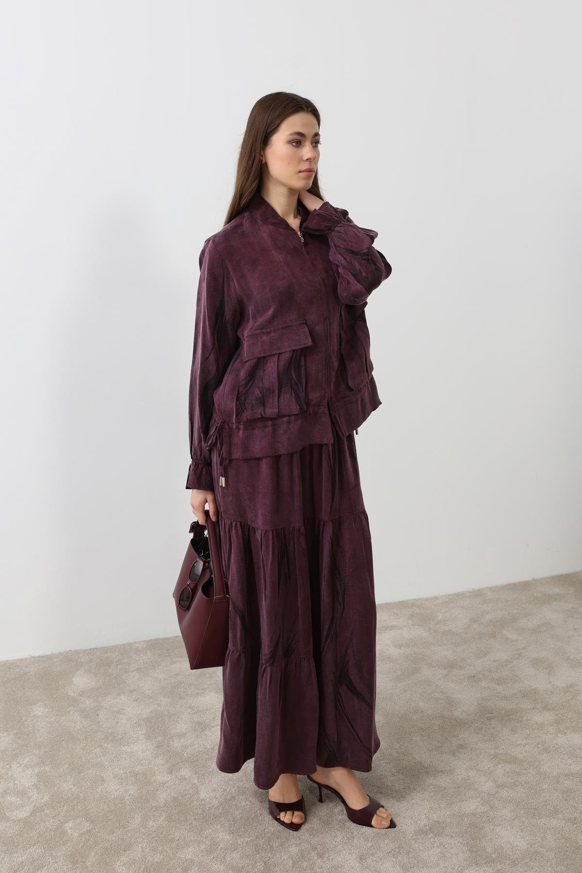 Hilay Nicole Fermuarlı Jakar Garnili Etekli Takım