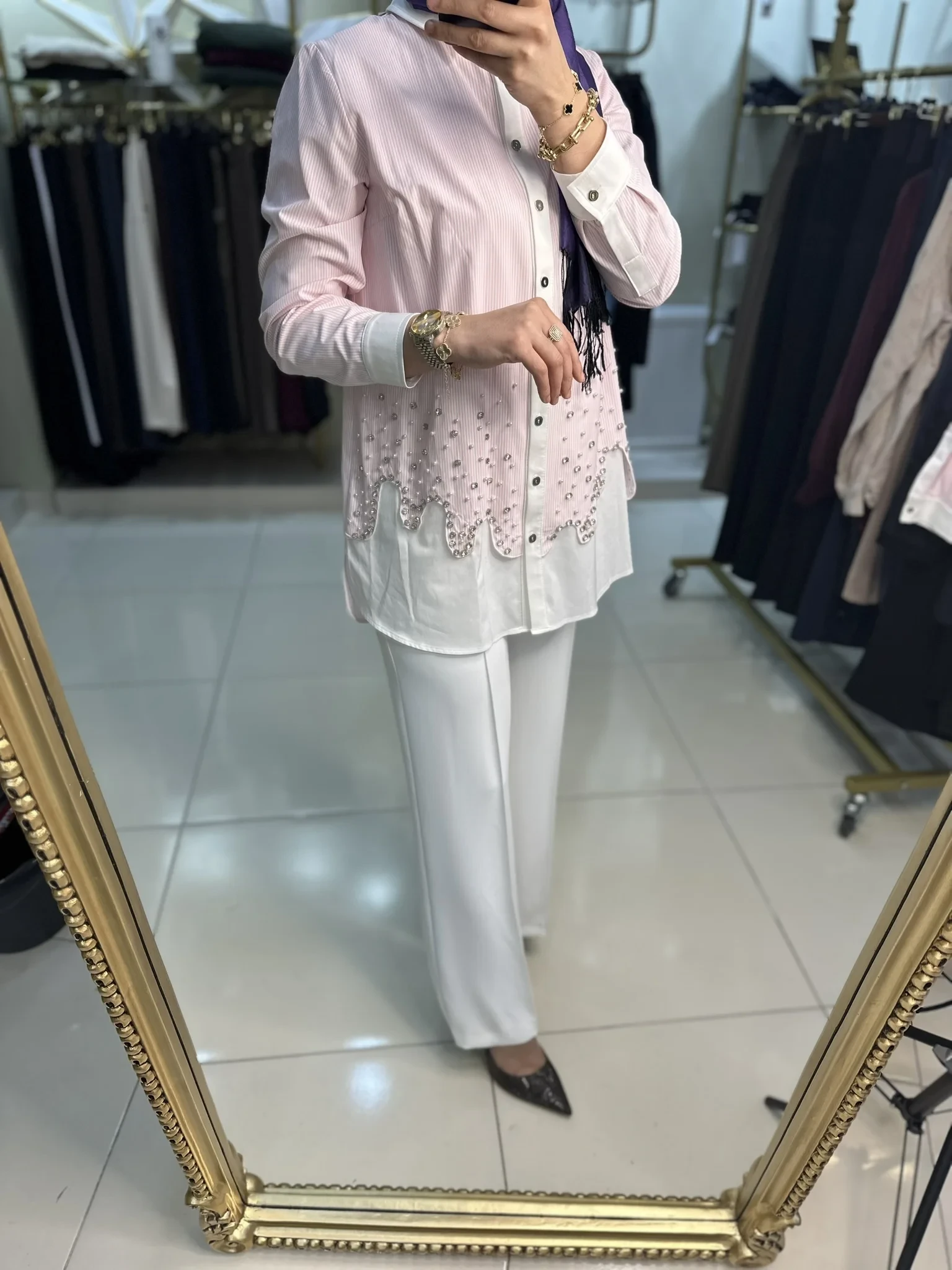 Fuat Gürşen 5304 Oval Kesim Taş İşlemeli Tunik Pembe